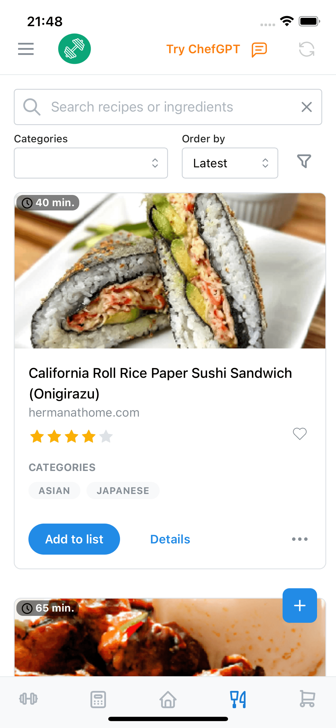 Chewable recipe extraction screenshot with macros and shopping list