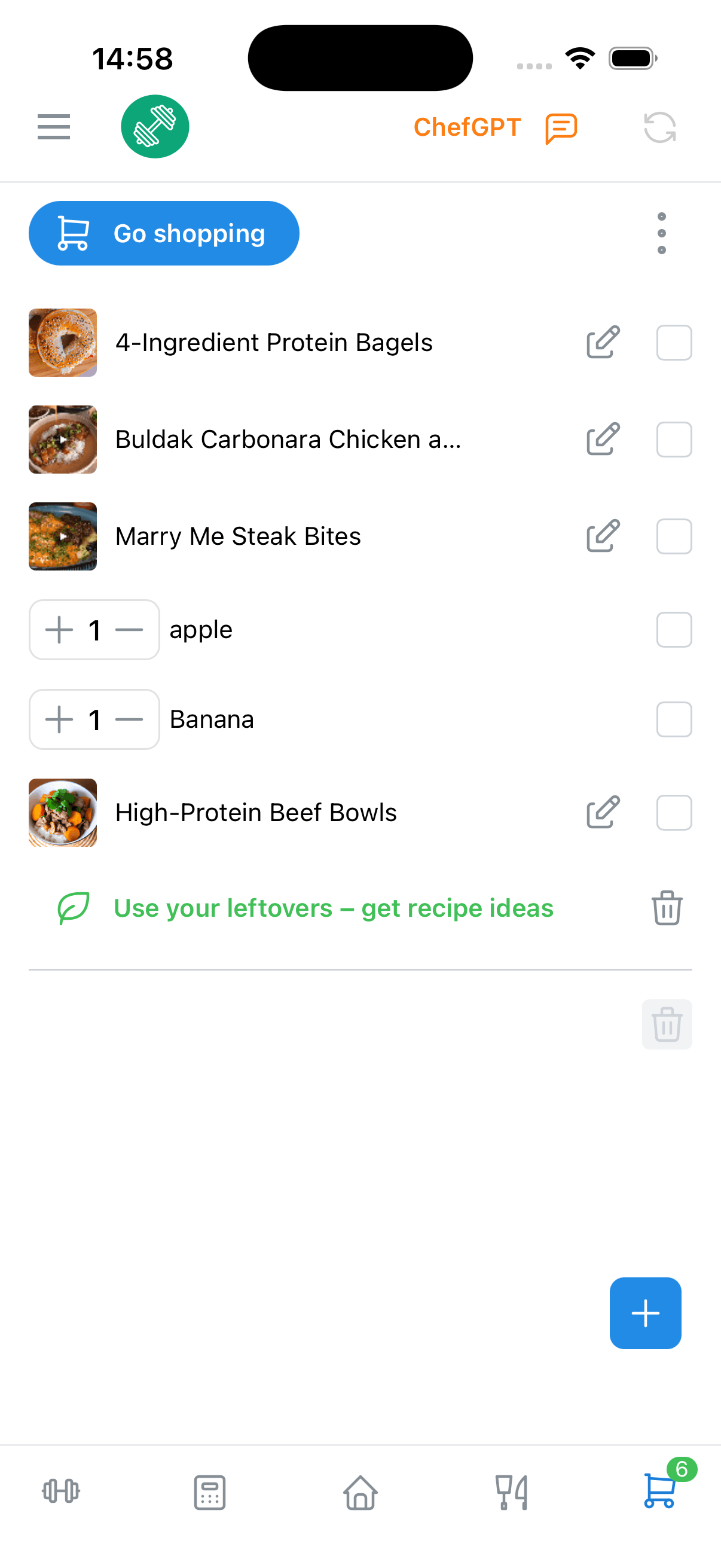 Chewable smart shopping list showing categorized ingredients